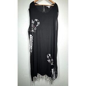 Marcia & Me Fringed Dress 5X ART 2 WEAR Abstract Lady Print Black Rayon Beads EC